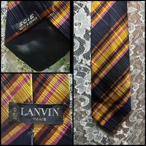Vintage 1970s Lanvin Paris Navy Silk Tie with Yellow & Pink Stripes menswear